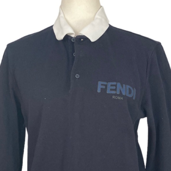 Fendi Long Sleeve Cotton Polo Shirt Blue contrast White Collar Fendi Logo - Picture 10 of 11